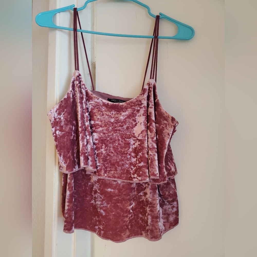 Rome & Juliet Couture Crushed Velvet, Ruffle Tiered, Cropped Tank Top, Pink